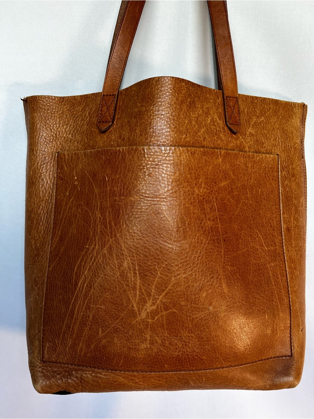 Madewell Cognac Brown Leather Tote Bag Distressed Shopper Shoulder Purse - STAIN